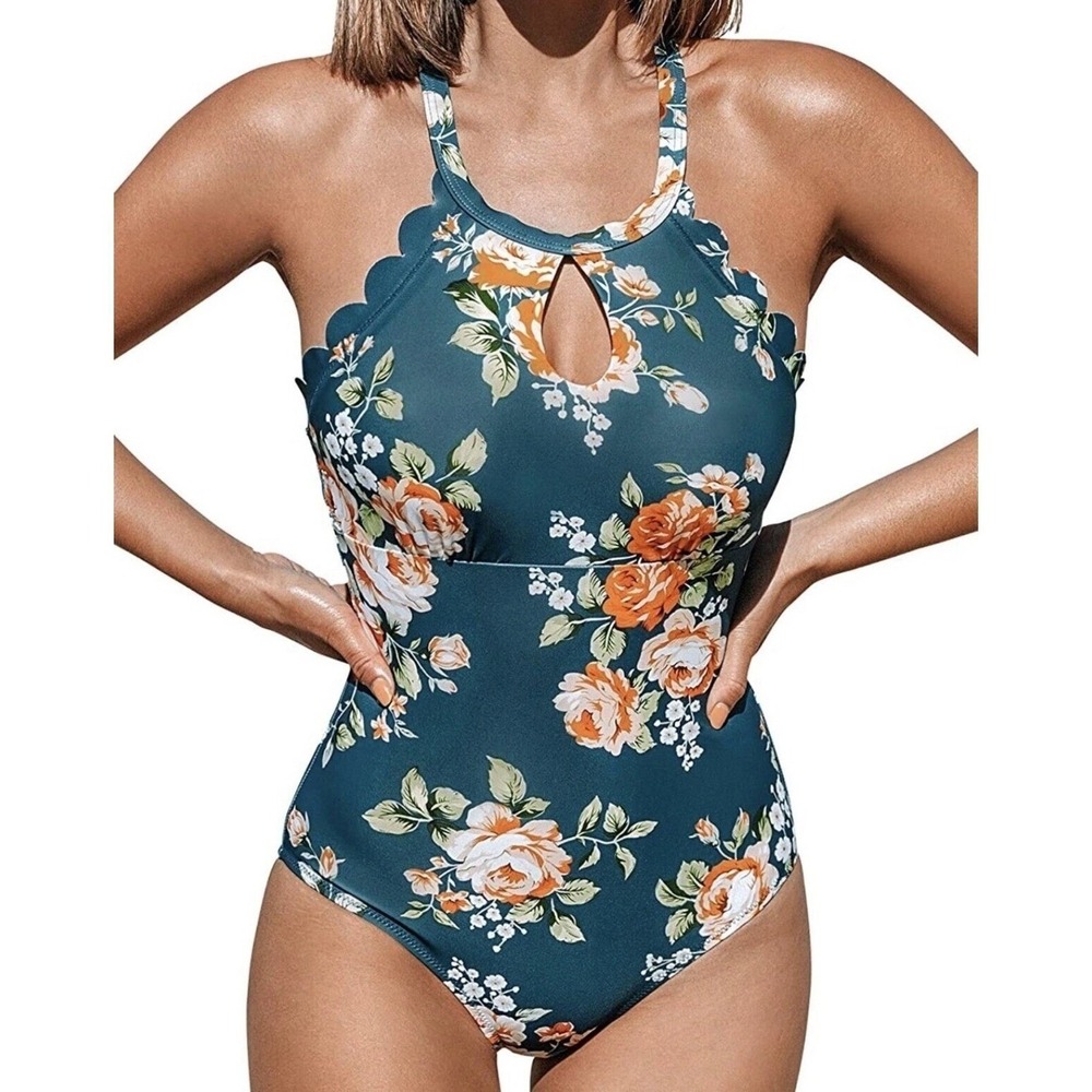 Cupshe Floral Scalloped One Piece Swimsuit - Blue and Orange